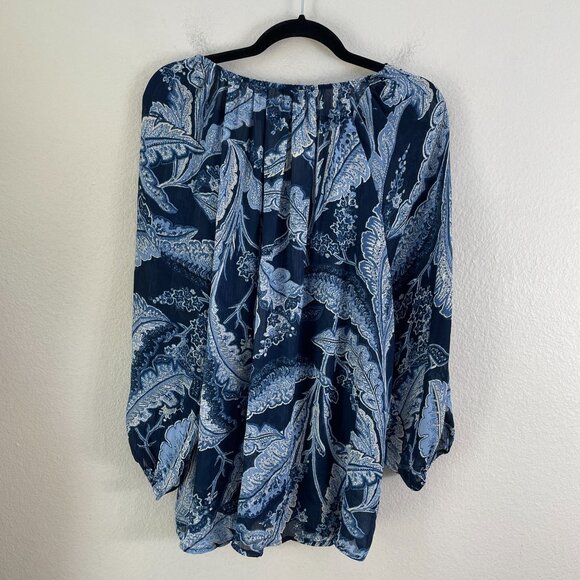 Chaps Womens XL Blue Floral Leaf Print Blouse Long Sleeve Lightweight Boho Shirt - Picture 8 of 8